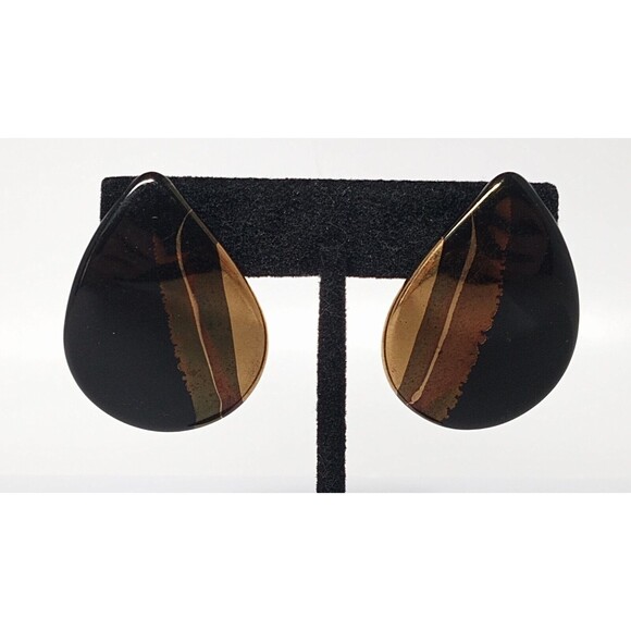Southwest Bohemian Black & Gold Ceramic Teardrop Earrings Post 2 3/4 inch - Picture 6 of 9